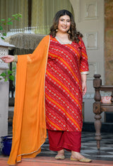 Meher Red Rayon Printed 3-Piece Kurta Set with Dupatta