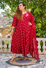 Plus Size Maroon Gold Printed Anarkali with Dupatta