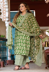 Plus Size Fresh Green Pure Cotton jaipuri Kurta Pant Set with Dupatta