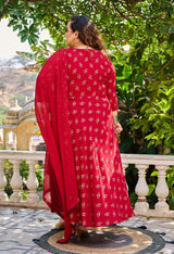 Plus Size Maroon Gold Printed Anarkali with Dupatta