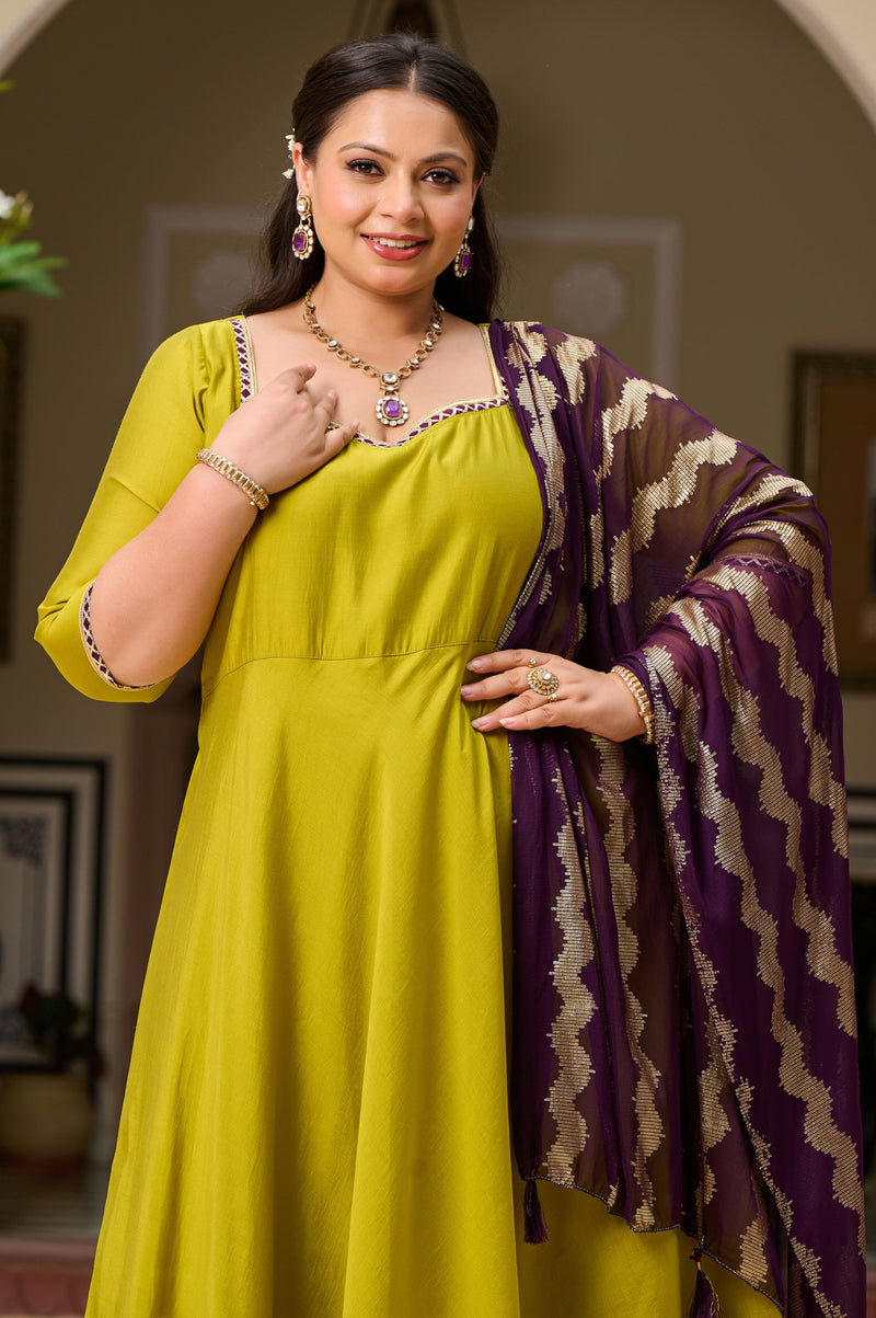 Plus Size Mehfil Magic Parrot Anarkali with Contrast Plum Dupatta