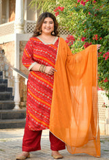 Meher Red Rayon Printed 3-Piece Kurta Set with Dupatta