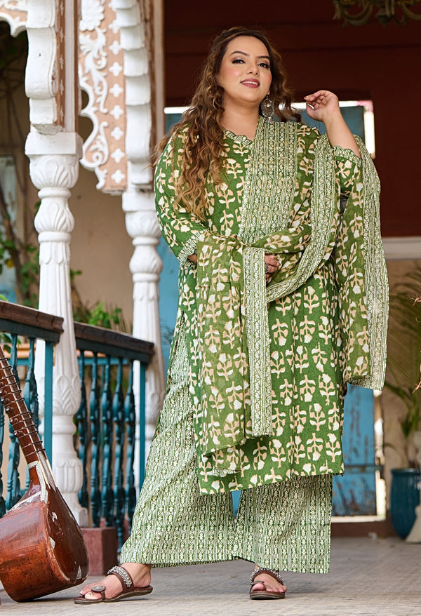 Plus Size Fresh Green Pure Cotton jaipuri Kurta Pant Set with Dupatta