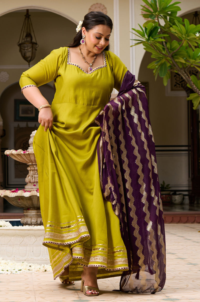 Plus Size Mehfil Magic Parrot Anarkali with Contrast Plum Dupatta