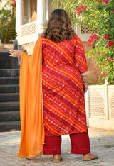 Meher Red Rayon Printed 3-Piece Kurta Set with Dupatta