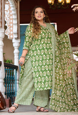 Plus Size Fresh Green Pure Cotton jaipuri Kurta Pant Set with Dupatta