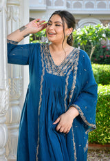 Mehr Teal Blue Silk Blend Embroidered 3-Piece Kurta Set with Dupatta