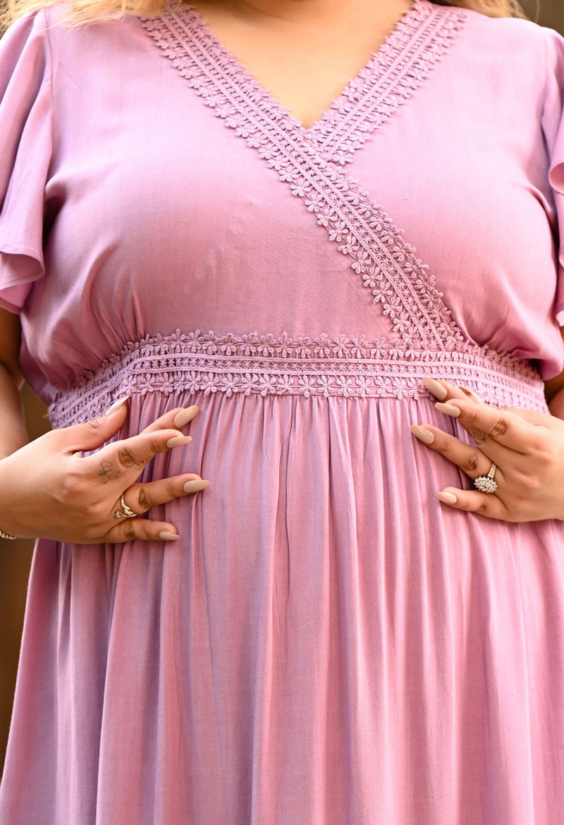 Plus Size Delicate Mauve Lace Frill Midi Dress