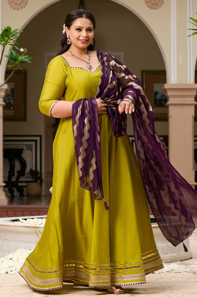 Plus Size Mehfil Magic Parrot Anarkali with Contrast Plum Dupatta