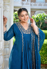 Mehr Teal Blue Silk Blend Embroidered 3-Piece Kurta Set with Dupatta