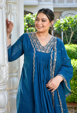 Mehr Teal Blue Silk Blend Embroidered 3-Piece Kurta Set with Dupatta