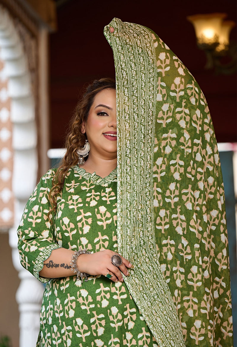 Plus Size Fresh Green Pure Cotton jaipuri Kurta Pant Set with Dupatta