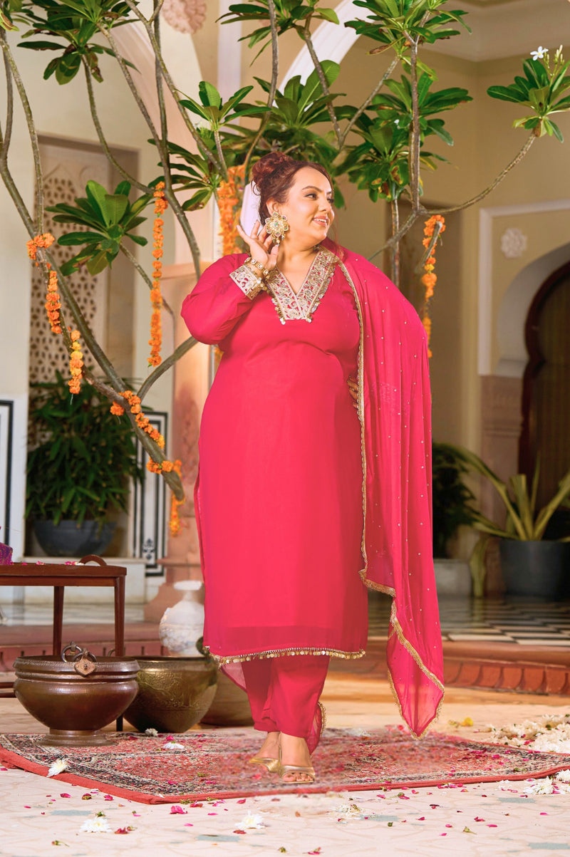 Plus Size Vibrant Rani Pink Suit Ensemble with Dupatta