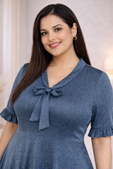 Plus Size Blue A-Line Dress with Bow Neck & Ruffle Sleeves