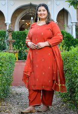 Zariya Rust Mul Chanderi Embroidered 3-Piece Kurta Set with Dupatta