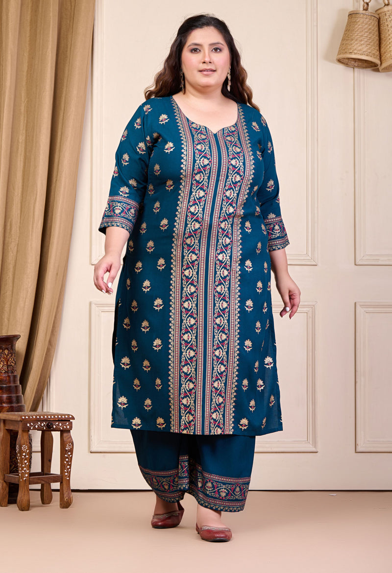 Plus Size Gold Printed Shervani Teal Kurta Palazzo Set