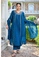 Mehr Teal Blue Silk Blend Embroidered 3-Piece Kurta Set with Dupatta