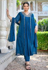 Mehr Teal Blue Silk Blend Embroidered 3-Piece Kurta Set with Dupatta