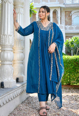 Mehr Teal Blue Silk Blend Embroidered 3-Piece Kurta Set with Dupatta