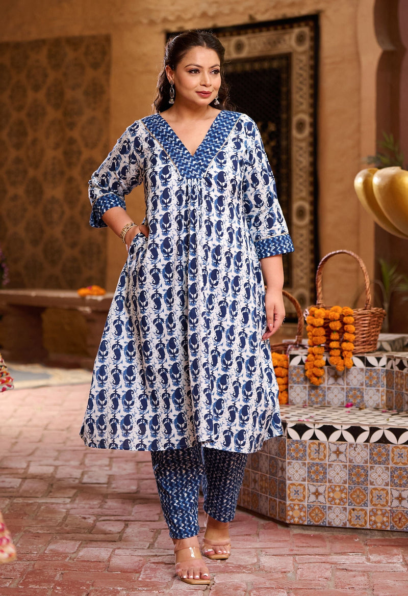 Plus Size Indigo Blue Jaipuri Kurta Set with Dupatta