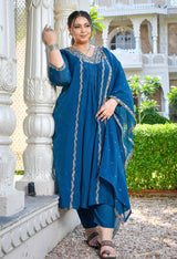 Mehr Teal Blue Silk Blend Embroidered 3-Piece Kurta Set with Dupatta