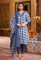 Plus Size Indigo Blue Jaipuri Kurta Set with Dupatta