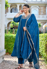 Mehr Teal Blue Silk Blend Embroidered 3-Piece Kurta Set with Dupatta