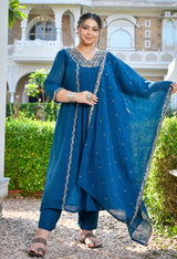 Mehr Teal Blue Silk Blend Embroidered 3-Piece Kurta Set with Dupatta
