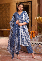 Plus Size Indigo Blue Jaipuri Kurta Set with Dupatta