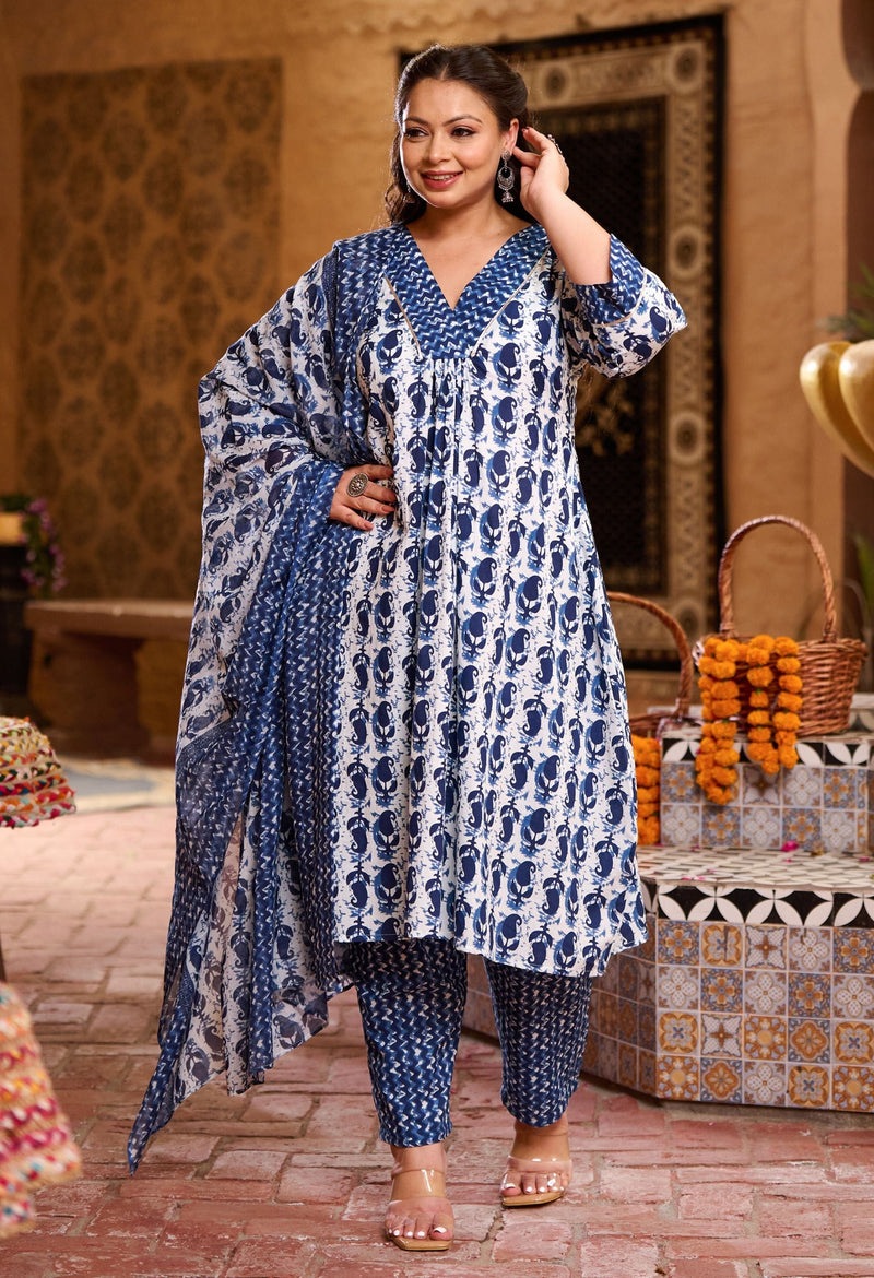 Plus Size Indigo Blue Jaipuri Kurta Set with Dupatta