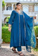 Mehr Teal Blue Silk Blend Embroidered 3-Piece Kurta Set with Dupatta