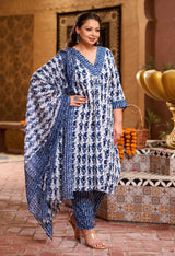 Plus Size Indigo Blue Jaipuri Kurta Set with Dupatta