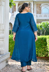 Mehr Teal Blue Silk Blend Embroidered 3-Piece Kurta Set with Dupatta