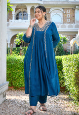 Mehr Teal Blue Silk Blend Embroidered 3-Piece Kurta Set with Dupatta