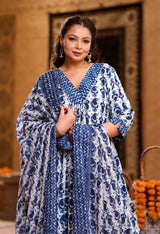 Plus Size Indigo Blue Jaipuri Kurta Set with Dupatta