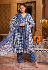 Plus Size Indigo Blue Jaipuri Kurta Set with Dupatta