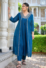 Mehr Teal Blue Silk Blend Embroidered 3-Piece Kurta Set with Dupatta