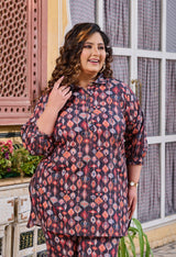 Plus Size Black Printed Collared Linen Co-ord Set