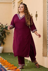 Plus Size Evergreen Wine Aari Embroidered Kurta Pant Set