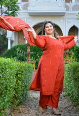 Zariya Rust Mul Chanderi Embroidered 3-Piece Kurta Set with Dupatta