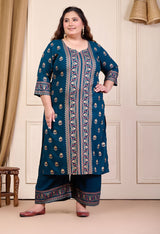 Plus Size Gold Printed Shervani Teal Kurta Palazzo Set