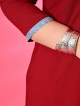 Plus Size Maroon Mirror Embroidered A line Dress