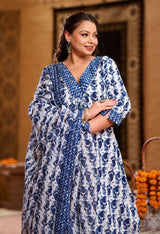 Plus Size Indigo Blue Jaipuri Kurta Set with Dupatta