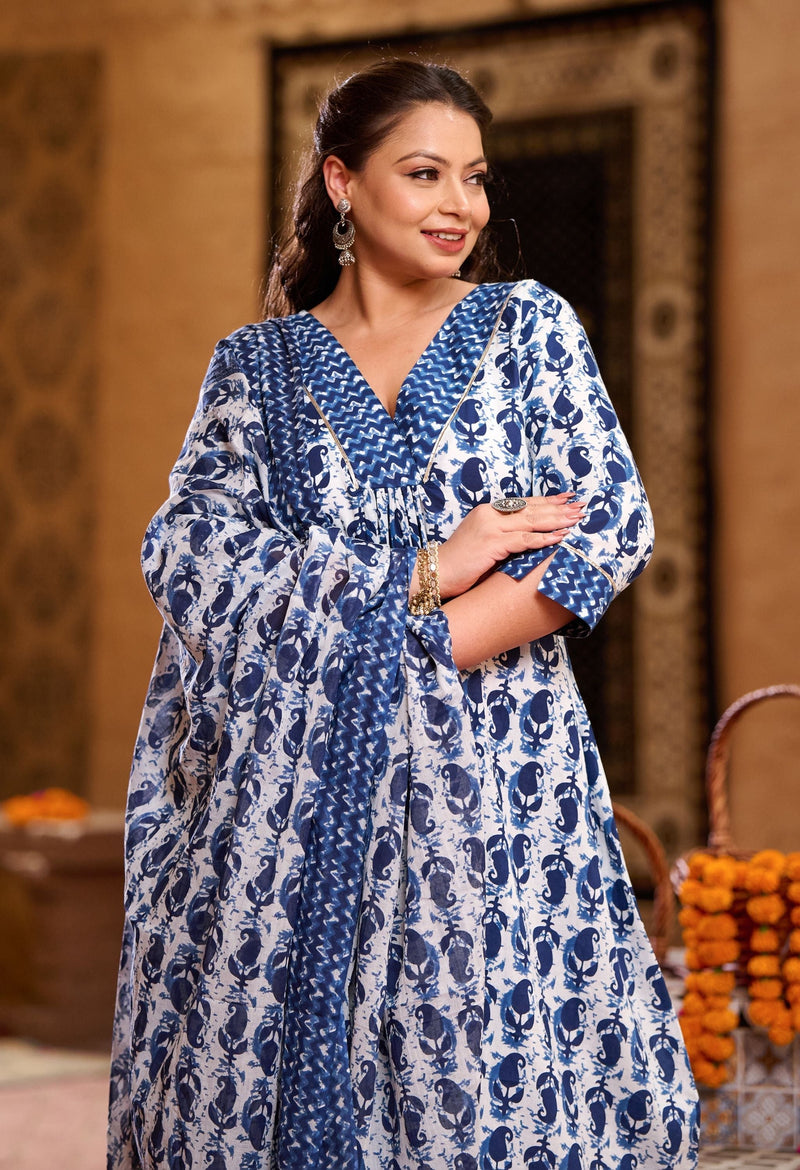 Plus Size Indigo Blue Jaipuri Kurta Set with Dupatta