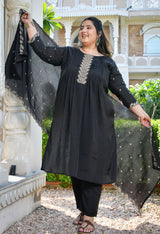 Zehra Black Silk Blend Embroidered 3-Piece Kurta Set with Dupatta