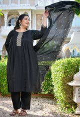 Zehra Black Silk Blend Embroidered 3-Piece Kurta Set with Dupatta