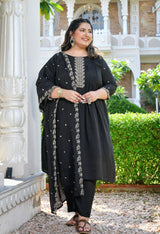 Zehra Black Silk Blend Embroidered 3-Piece Kurta Set with Dupatta