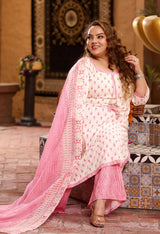 Plus Size Pearl White and Pink Jaipuri Cotton Suit Set with Dupatta