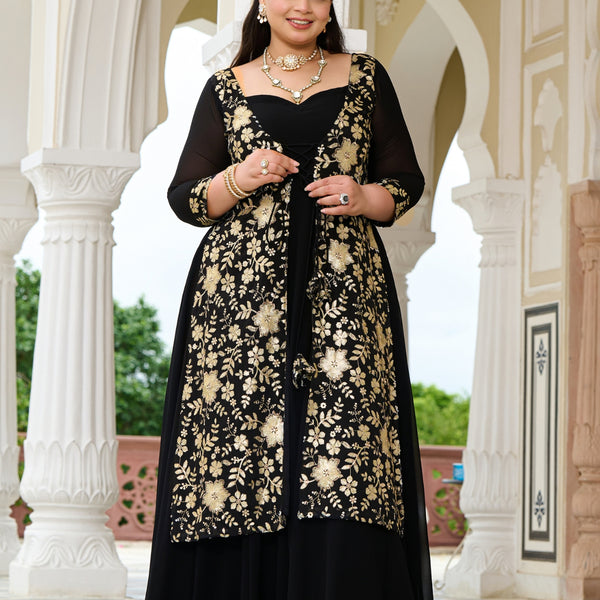 black sequin embroidered dress Renee Label — Black And Gold Sequin Embroidered Anarkali Gown – Fabilicious  Fashion main image 1