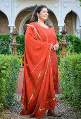 Zariya Rust Mul Chanderi Embroidered 3-Piece Kurta Set with Dupatta